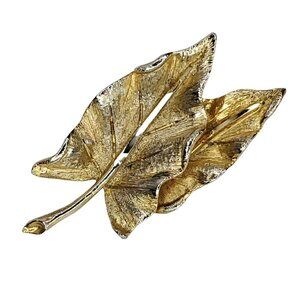 Vintage BSK Leaf Brooch Textured Goldtone 2.5"